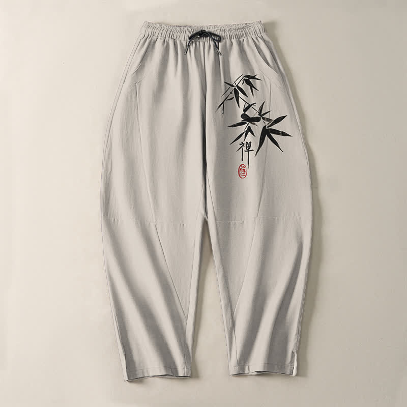 Buddha Stones Pantalones de hombre de algodón puro con estampado de hojas de bambú estilo zen, cordón ajustable y corte cónico, con bolsillos. - image 13