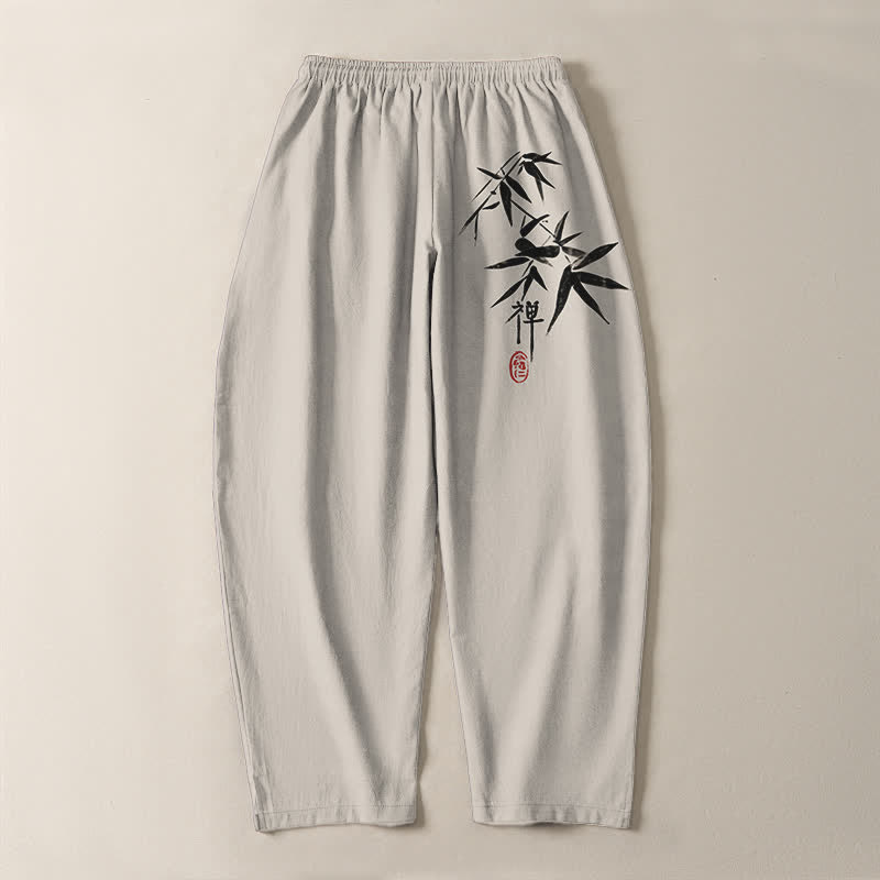 Buddha Stones Pantalones de hombre de algodón puro con estampado de hojas de bambú estilo zen, cordón ajustable y corte cónico, con bolsillos. - image 14