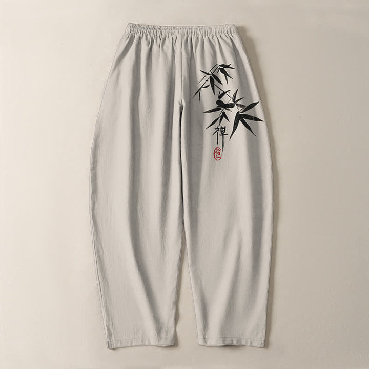 Buddha Stones Pantalones de hombre de algodón puro con estampado de hojas de bambú estilo zen, cordón ajustable y corte cónico, con bolsillos. - image 14