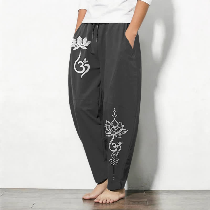 Buddha Stones Pantalones de hombre de algodón puro con estampado Zen Om, cordón ajustable y corte cónico, con bolsillos. - image 1