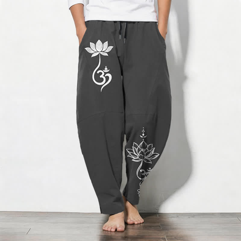 Buddha Stones Pantalones de hombre de algodón puro con estampado Zen Om, cordón ajustable y corte cónico, con bolsillos. - Negro - US/UK/AU50, EU60 (5XL) - image 0