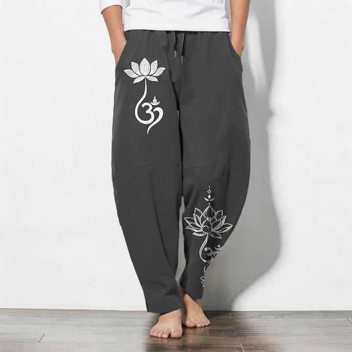 Buddha Stones Pantalones de hombre de algodón puro con estampado Zen Om, cordón ajustable y corte cónico, con bolsillos. - Negro - US/UK/AU50, EU60 (5XL) - image 0