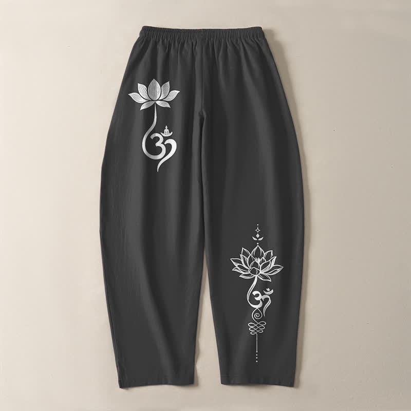 Buddha Stones Pantalones de hombre de algodón puro con estampado Zen Om, cordón ajustable y corte cónico, con bolsillos. - image 3