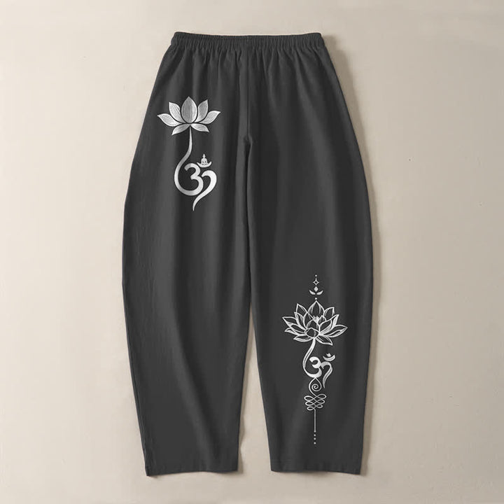 Buddha Stones Pantalones de hombre de algodón puro con estampado Zen Om, cordón ajustable y corte cónico, con bolsillos. - image 3