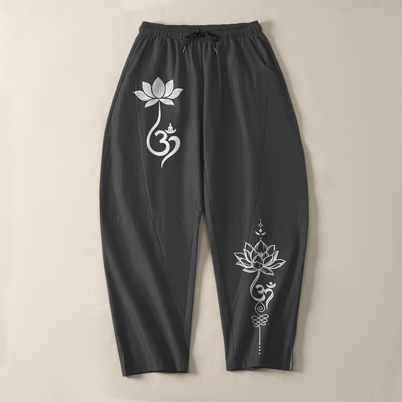 Buddha Stones Pantalones de hombre de algodón puro con estampado Zen Om, cordón ajustable y corte cónico, con bolsillos. - image 2