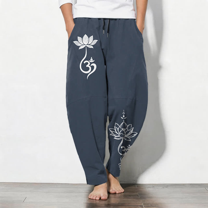 Buddha Stones Pantalones de hombre de algodón puro con estampado Zen Om, cordón ajustable y corte cónico, con bolsillos. - Marina de guerra - US/UK/AU50, EU60 (5XL) - image 7