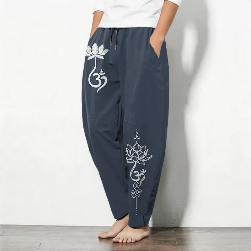 Buddha Stones Pantalones de hombre de algodón puro con estampado Zen Om, cordón ajustable y corte cónico, con bolsillos. - image 8