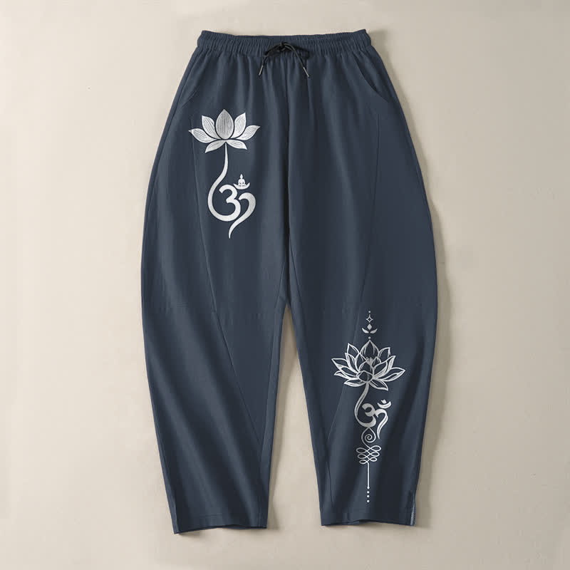 Buddha Stones Pantalones de hombre de algodón puro con estampado Zen Om, cordón ajustable y corte cónico, con bolsillos. - image 9