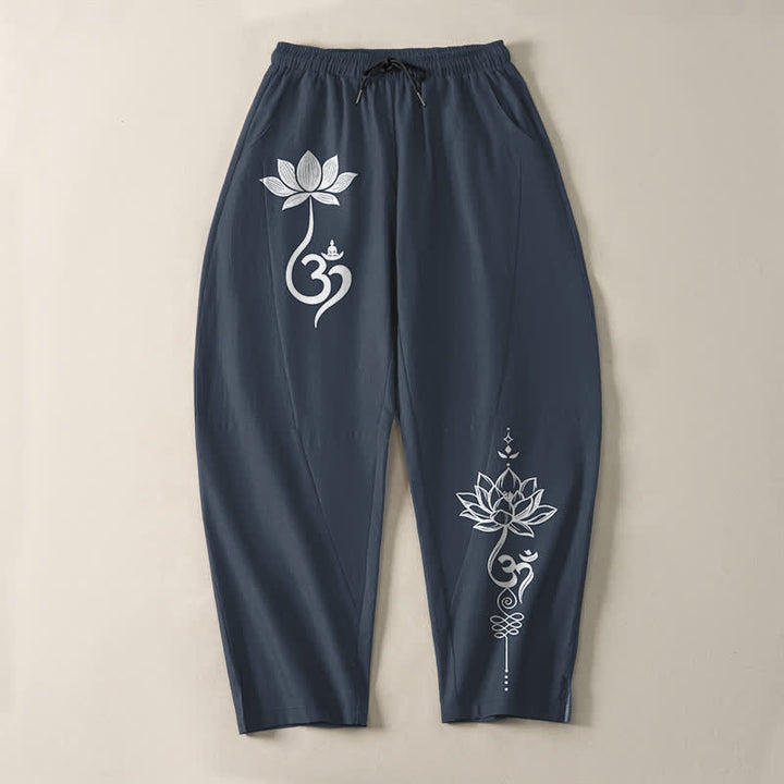 Buddha Stones Pantalones de hombre de algodón puro con estampado Zen Om, cordón ajustable y corte cónico, con bolsillos. - image 9