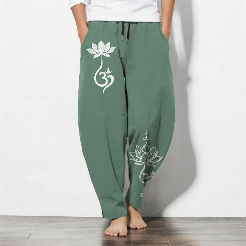Buddha Stones Pantalones de hombre de algodón puro con estampado Zen Om, cordón ajustable y corte cónico, con bolsillos. - Verdemar - US/UK/AU50, EU60 (5XL) - image 11