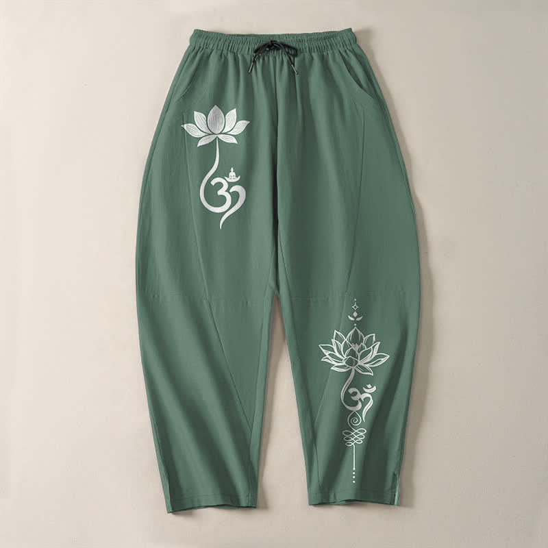 Buddha Stones Pantalones de hombre de algodón puro con estampado Zen Om, cordón ajustable y corte cónico, con bolsillos. - image 13