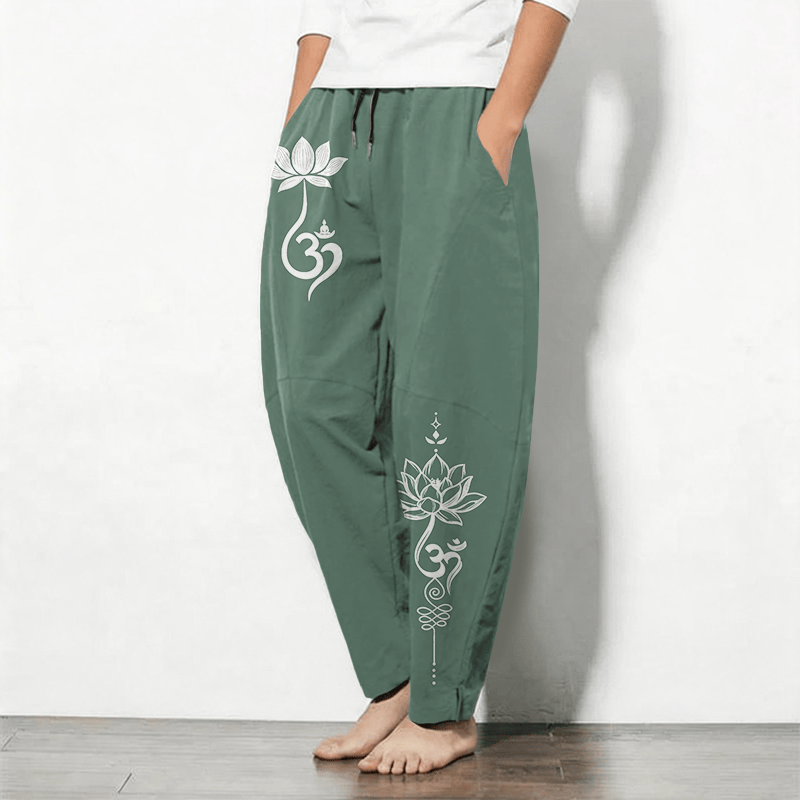 Buddha Stones Pantalones de hombre de algodón puro con estampado Zen Om, cordón ajustable y corte cónico, con bolsillos. - image 12