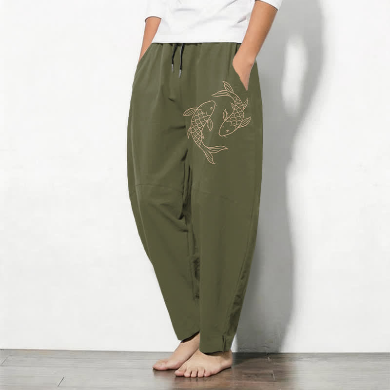 Buddha Stones Pantalones de hombre de algodón puro con estampado de peces koi, cordón ajustable y corte cónico, con bolsillos. - image 1