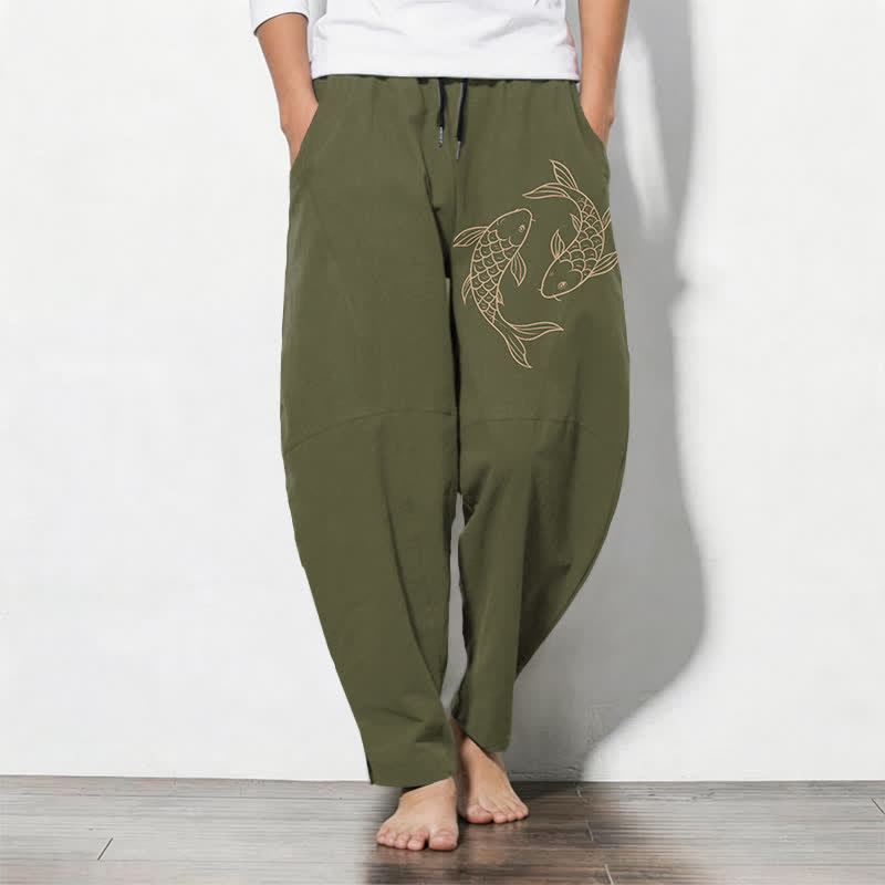 Buddha Stones Pantalones de hombre de algodón puro con estampado de peces koi, cordón ajustable y corte cónico, con bolsillos. - Aceituna - US/UK/AU50, EU60 (5XL) - image 0