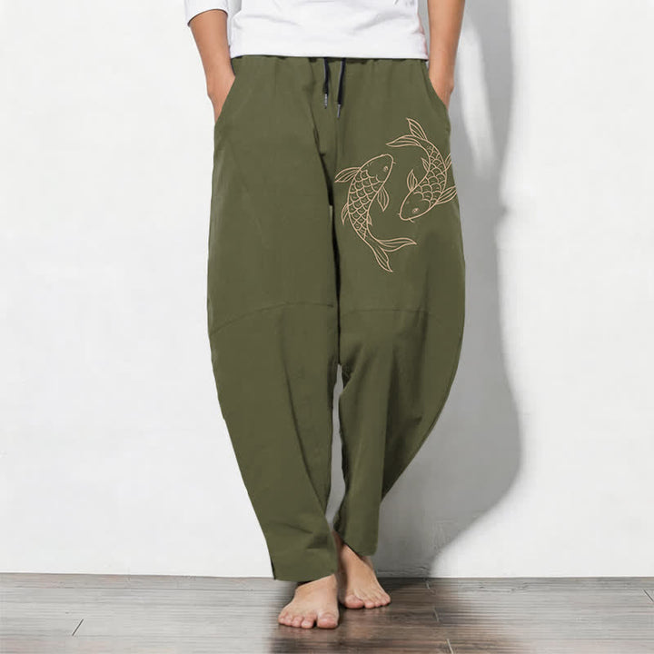 Buddha Stones Pantalones de hombre de algodón puro con estampado de peces koi, cordón ajustable y corte cónico, con bolsillos. - Aceituna - US/UK/AU50, EU60 (5XL) - image 0