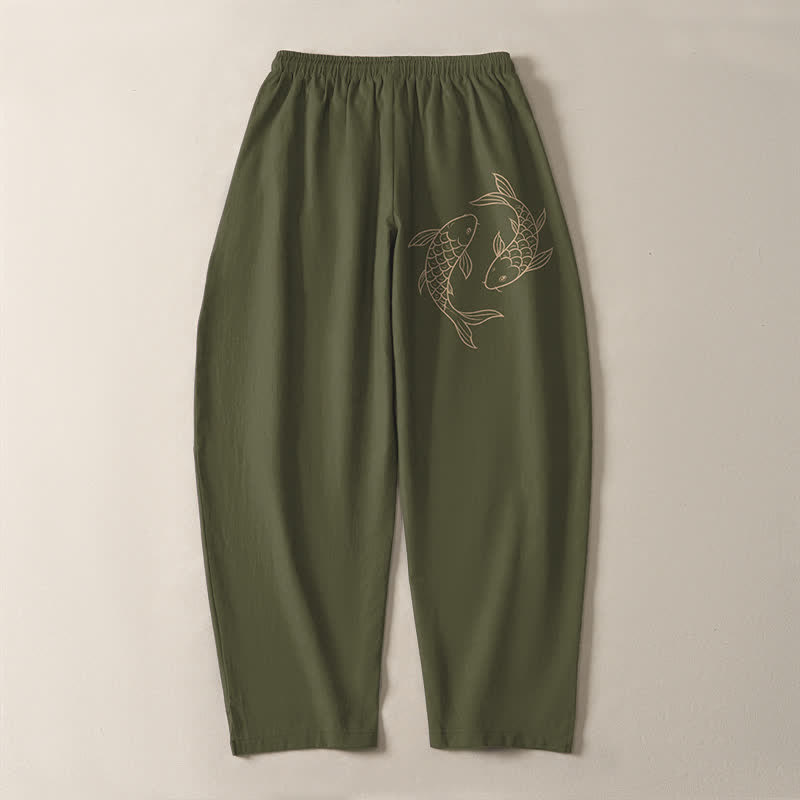 Buddha Stones Pantalones de hombre de algodón puro con estampado de peces koi, cordón ajustable y corte cónico, con bolsillos. - image 3