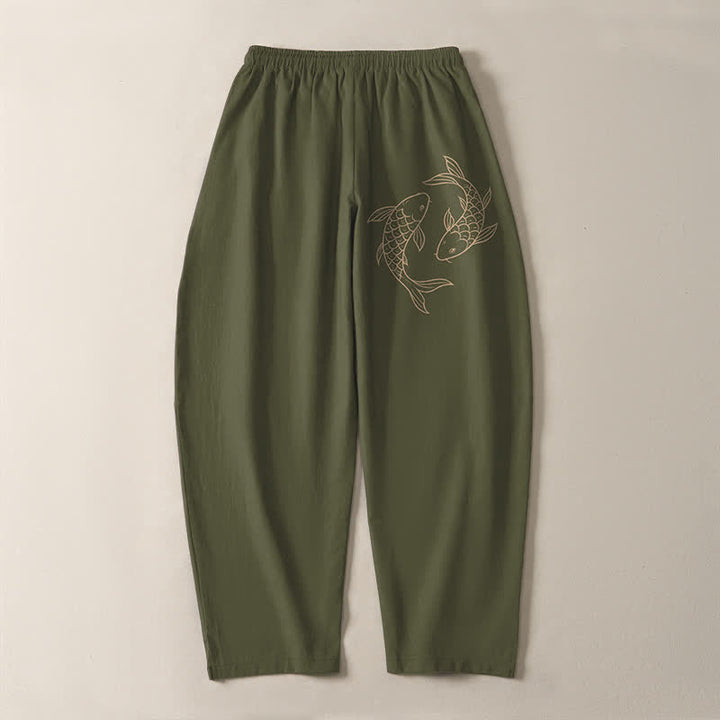 Buddha Stones Pantalones de hombre de algodón puro con estampado de peces koi, cordón ajustable y corte cónico, con bolsillos. - image 3