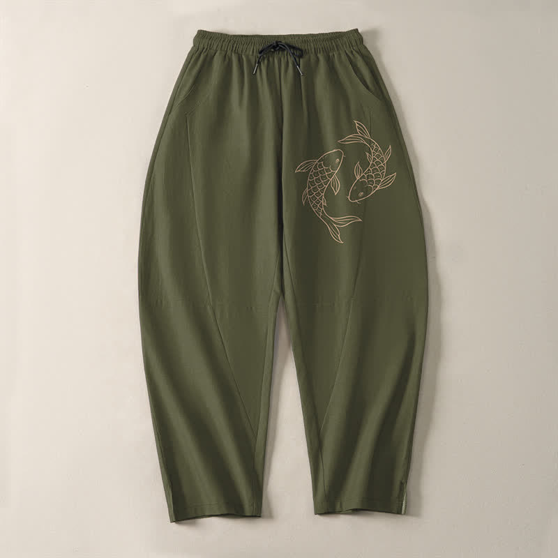 Buddha Stones Pantalones de hombre de algodón puro con estampado de peces koi, cordón ajustable y corte cónico, con bolsillos. - image 2