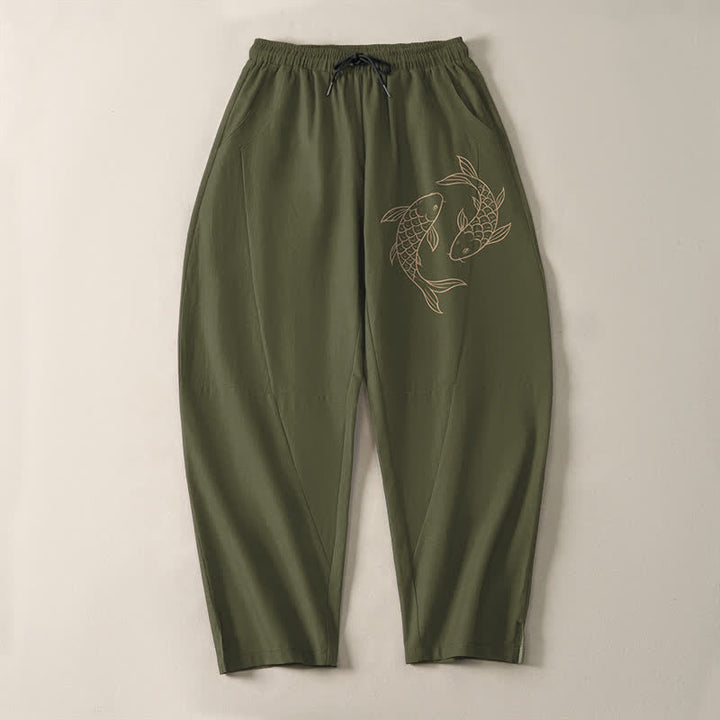 Buddha Stones Pantalones de hombre de algodón puro con estampado de peces koi, cordón ajustable y corte cónico, con bolsillos. - image 2