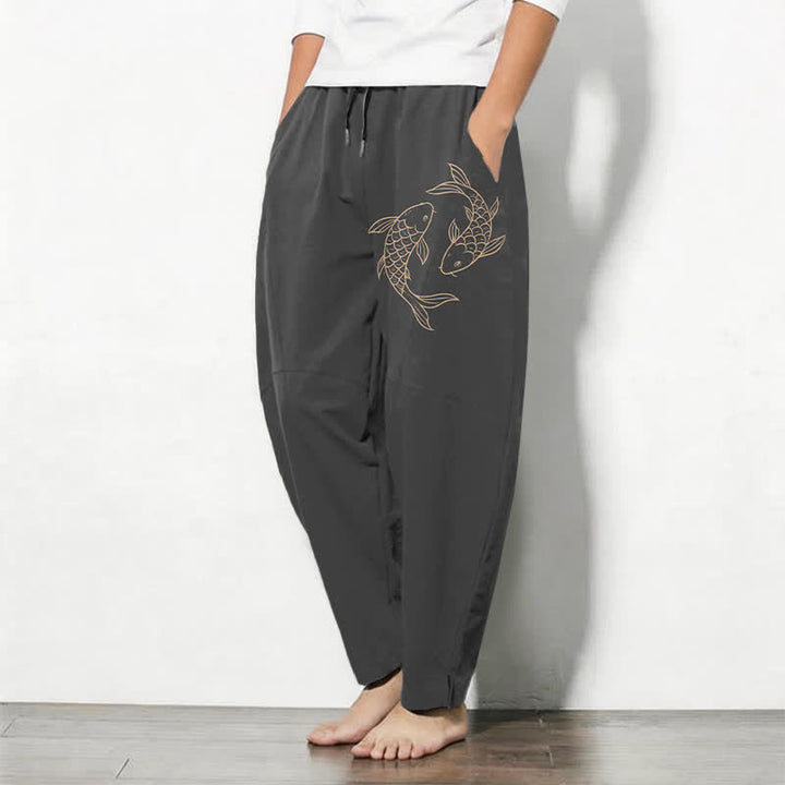 Buddha Stones Pantalones de hombre de algodón puro con estampado de peces koi, cordón ajustable y corte cónico, con bolsillos. - image 8