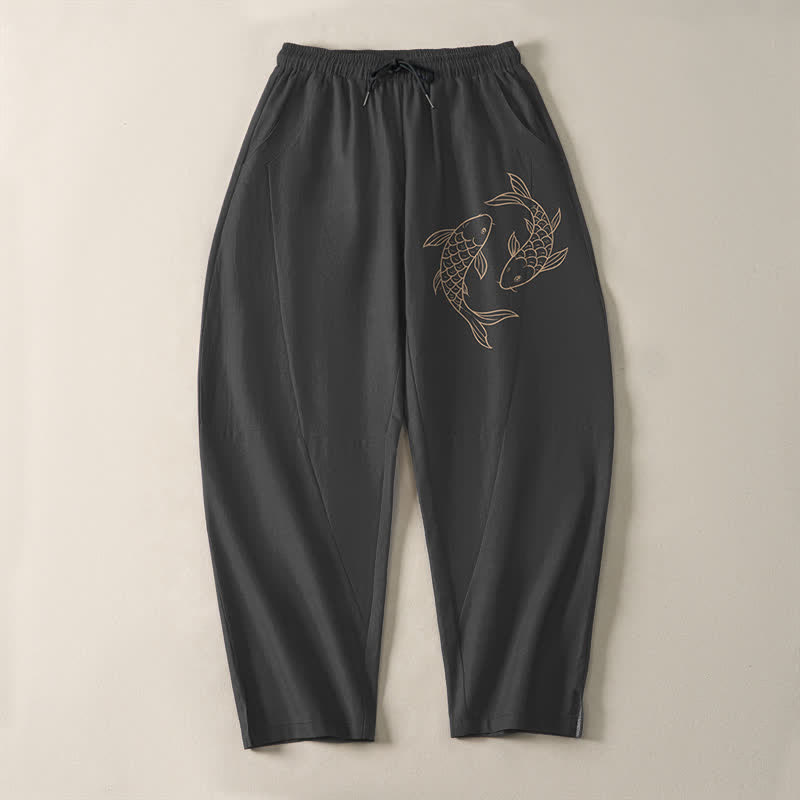 Buddha Stones Pantalones de hombre de algodón puro con estampado de peces koi, cordón ajustable y corte cónico, con bolsillos. - image 9