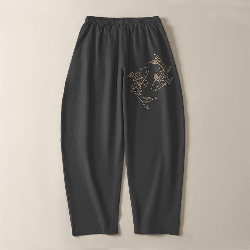 Buddha Stones Pantalones de hombre de algodón puro con estampado de peces koi, cordón ajustable y corte cónico, con bolsillos. - image 10