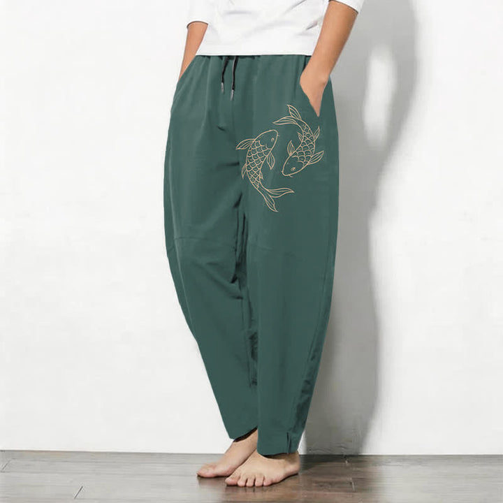 Buddha Stones Pantalones de hombre de algodón puro con estampado de peces koi, cordón ajustable y corte cónico, con bolsillos. - image 12