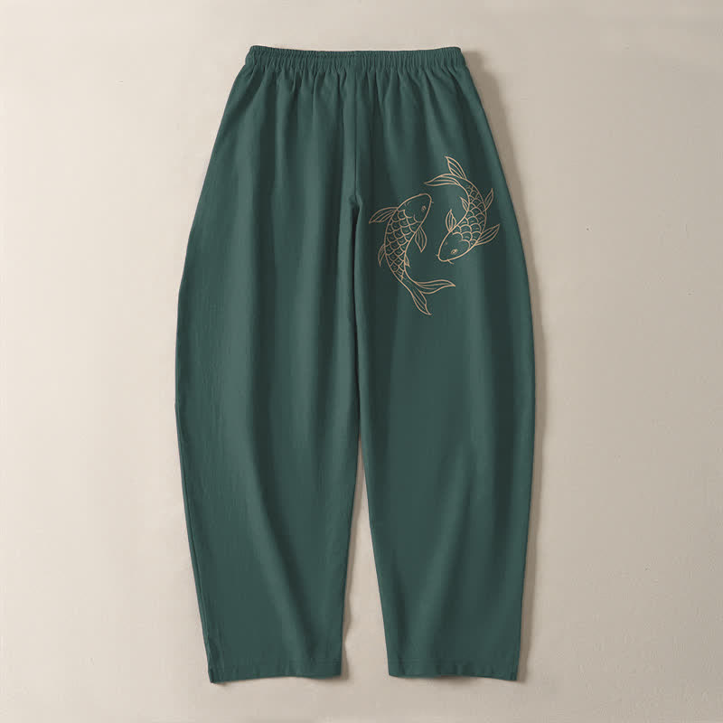 Buddha Stones Pantalones de hombre de algodón puro con estampado de peces koi, cordón ajustable y corte cónico, con bolsillos. - image 14