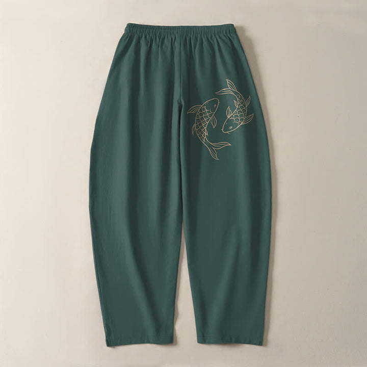Buddha Stones Pantalones de hombre de algodón puro con estampado de peces koi, cordón ajustable y corte cónico, con bolsillos. - image 14