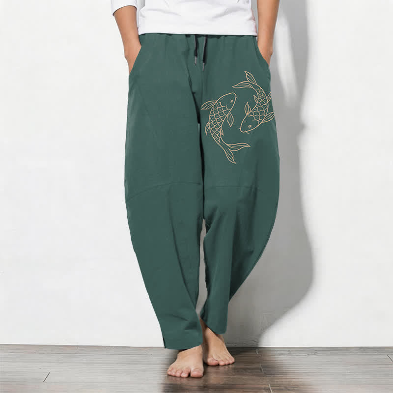 Buddha Stones Pantalones de hombre de algodón puro con estampado de peces koi, cordón ajustable y corte cónico, con bolsillos. - Verde azulado - US/UK/AU50, EU60 (5XL) - image 11