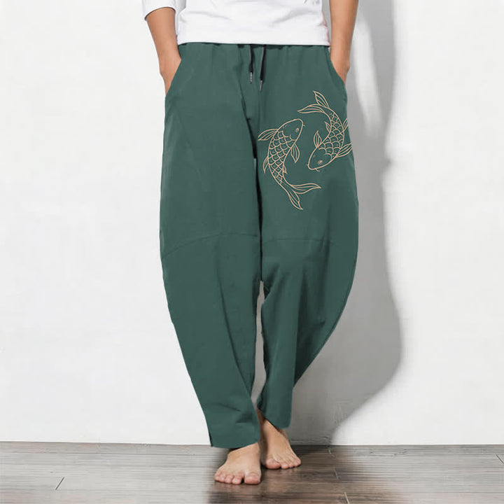 Buddha Stones Pantalones de hombre de algodón puro con estampado de peces koi, cordón ajustable y corte cónico, con bolsillos. - Verde azulado - US/UK/AU50, EU60 (5XL) - image 11
