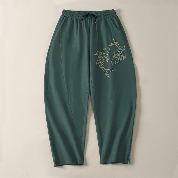 Buddha Stones Pantalones de hombre de algodón puro con estampado de peces koi, cordón ajustable y corte cónico, con bolsillos. - image 13