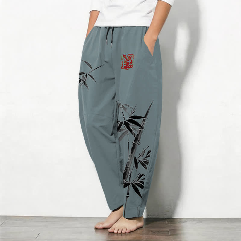 Buddha Stones Pantalones de hombre de algodón puro con estampado oriental de bambú, cordón ajustable y corte cónico, con bolsillos. - image 1