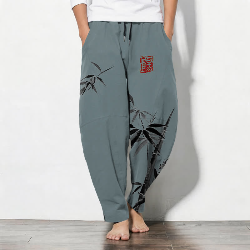 Buddha Stones Pantalones de hombre de algodón puro con estampado oriental de bambú, cordón ajustable y corte cónico, con bolsillos. - Azul cadete - US/UK/AU50, EU60 (5XL) - image 0