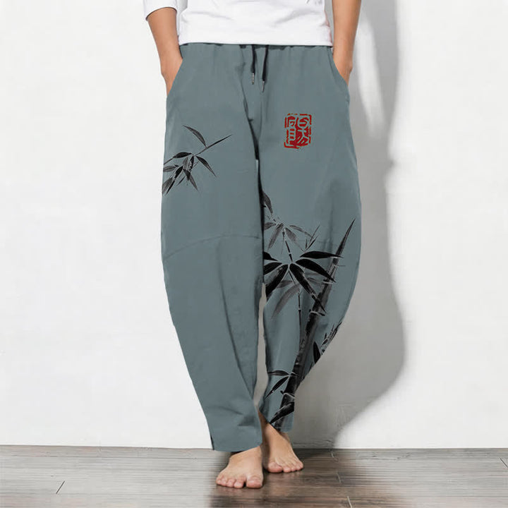 Buddha Stones Pantalones de hombre de algodón puro con estampado oriental de bambú, cordón ajustable y corte cónico, con bolsillos. - Azul cadete - US/UK/AU50, EU60 (5XL) - image 0