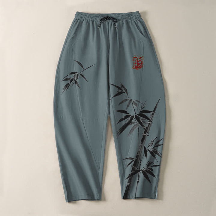 Buddha Stones Pantalones de hombre de algodón puro con estampado oriental de bambú, cordón ajustable y corte cónico, con bolsillos. - image 2