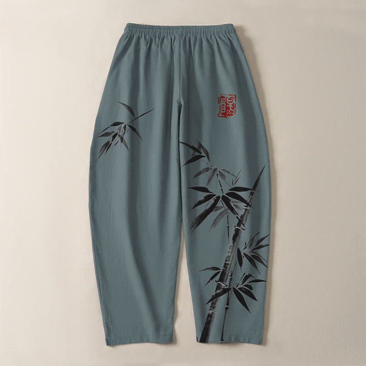 Buddha Stones Pantalones de hombre de algodón puro con estampado oriental de bambú, cordón ajustable y corte cónico, con bolsillos. - image 3