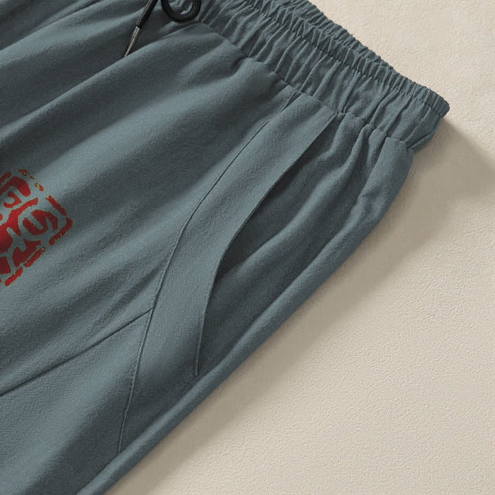 Buddha Stones Pantalones de hombre de algodón puro con estampado oriental de bambú, cordón ajustable y corte cónico, con bolsillos. - image 4