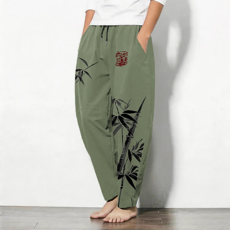 Buddha Stones Pantalones de hombre de algodón puro con estampado oriental de bambú, cordón ajustable y corte cónico, con bolsillos. - image 8