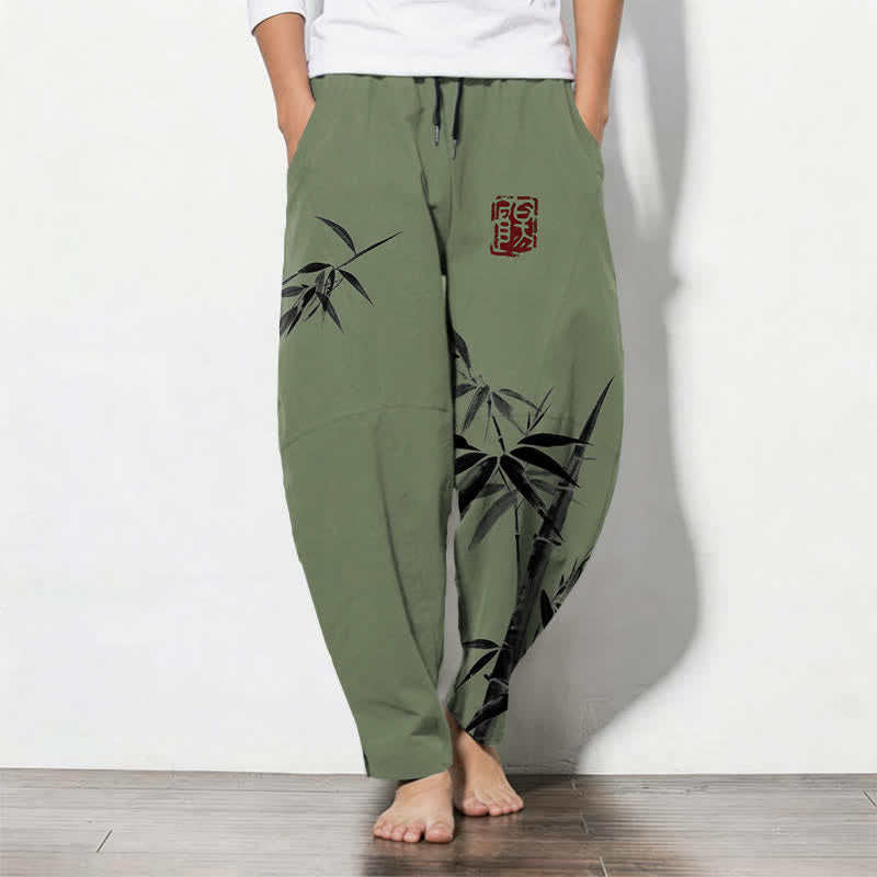 Buddha Stones Pantalones de hombre de algodón puro con estampado oriental de bambú, cordón ajustable y corte cónico, con bolsillos. - Verde oliva oscuro - US/UK/AU50, EU60 (5XL) - image 7