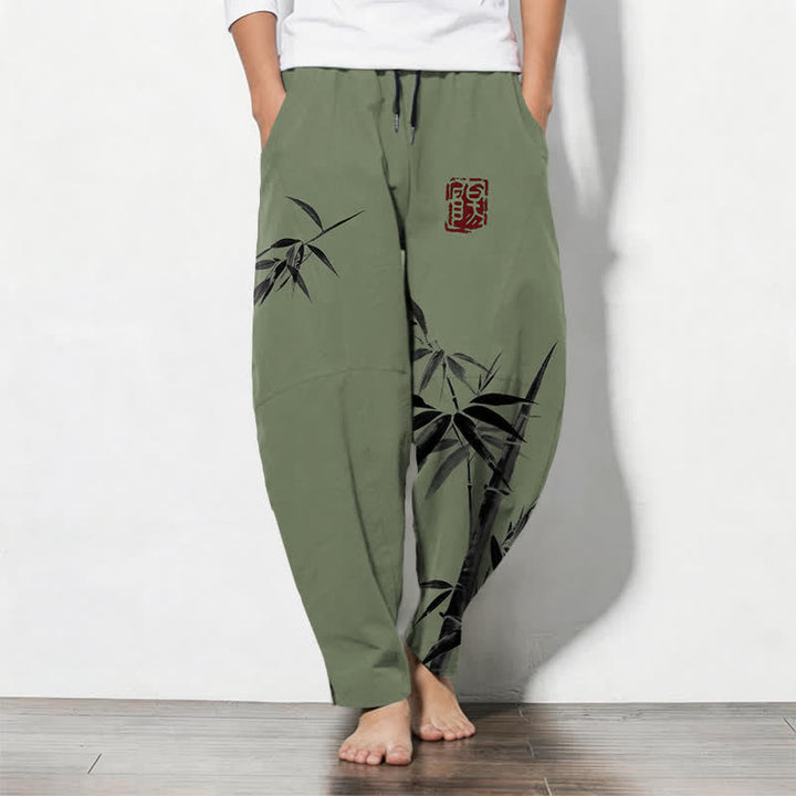 Buddha Stones Pantalones de hombre de algodón puro con estampado oriental de bambú, cordón ajustable y corte cónico, con bolsillos. - Verde oliva oscuro - US/UK/AU50, EU60 (5XL) - image 7
