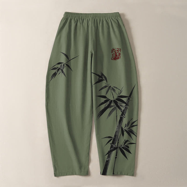 Buddha Stones Pantalones de hombre de algodón puro con estampado oriental de bambú, cordón ajustable y corte cónico, con bolsillos. - image 10