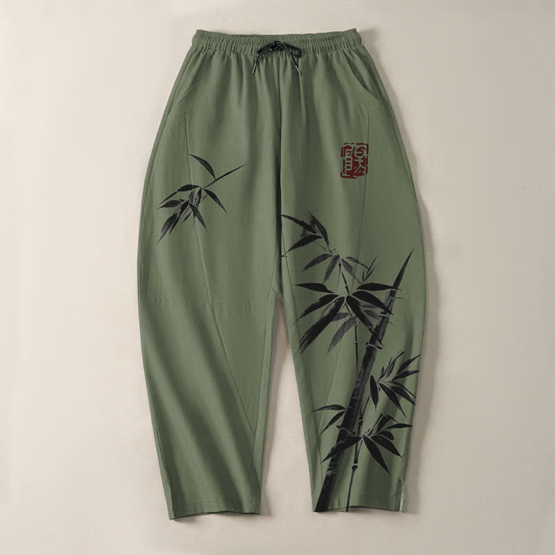 Buddha Stones Pantalones de hombre de algodón puro con estampado oriental de bambú, cordón ajustable y corte cónico, con bolsillos. - image 9