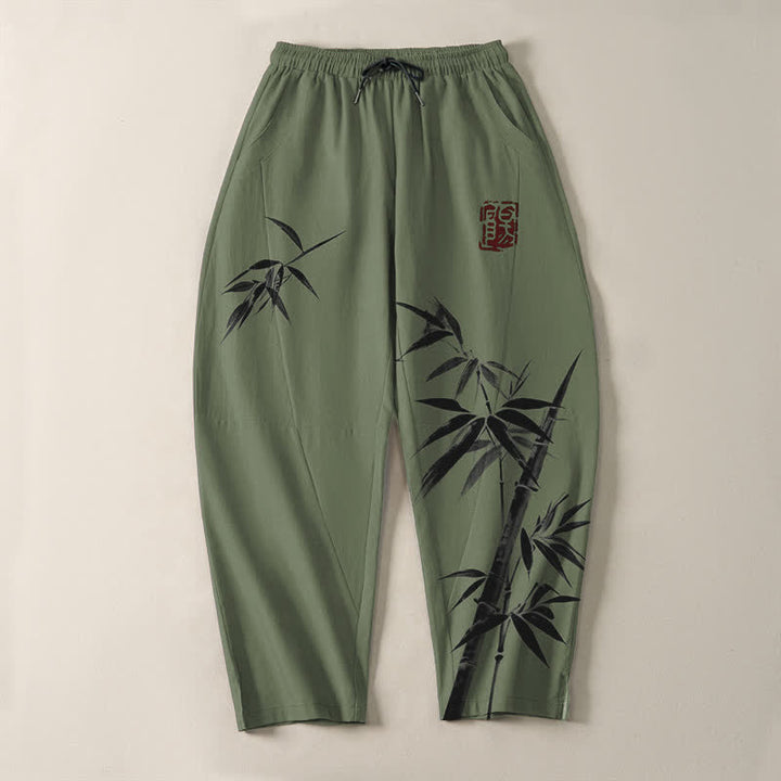 Buddha Stones Pantalones de hombre de algodón puro con estampado oriental de bambú, cordón ajustable y corte cónico, con bolsillos. - image 9
