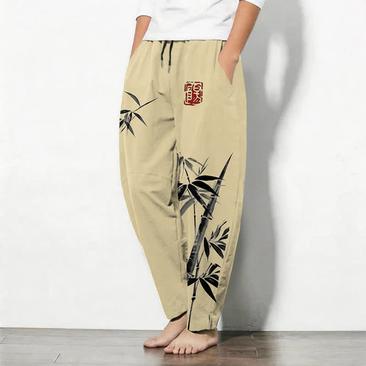 Buddha Stones Pantalones de hombre de algodón puro con estampado oriental de bambú, cordón ajustable y corte cónico, con bolsillos. - image 12
