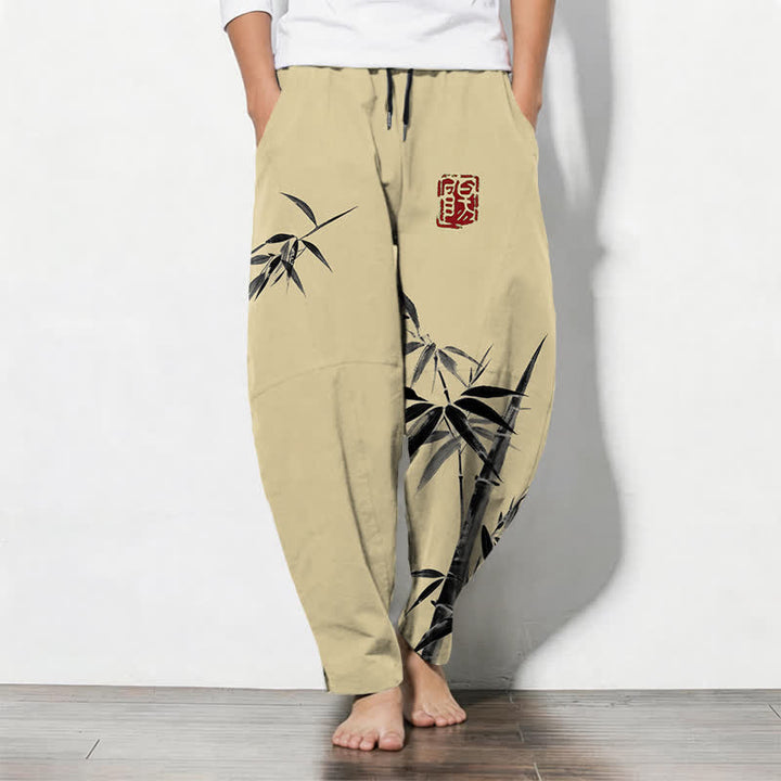Buddha Stones Pantalones de hombre de algodón puro con estampado oriental de bambú, cordón ajustable y corte cónico, con bolsillos. - vara de oro pálida - US/UK/AU50, EU60 (5XL) - image 11