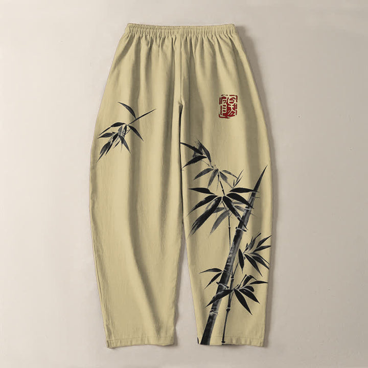 Buddha Stones Pantalones de hombre de algodón puro con estampado oriental de bambú, cordón ajustable y corte cónico, con bolsillos. - image 14