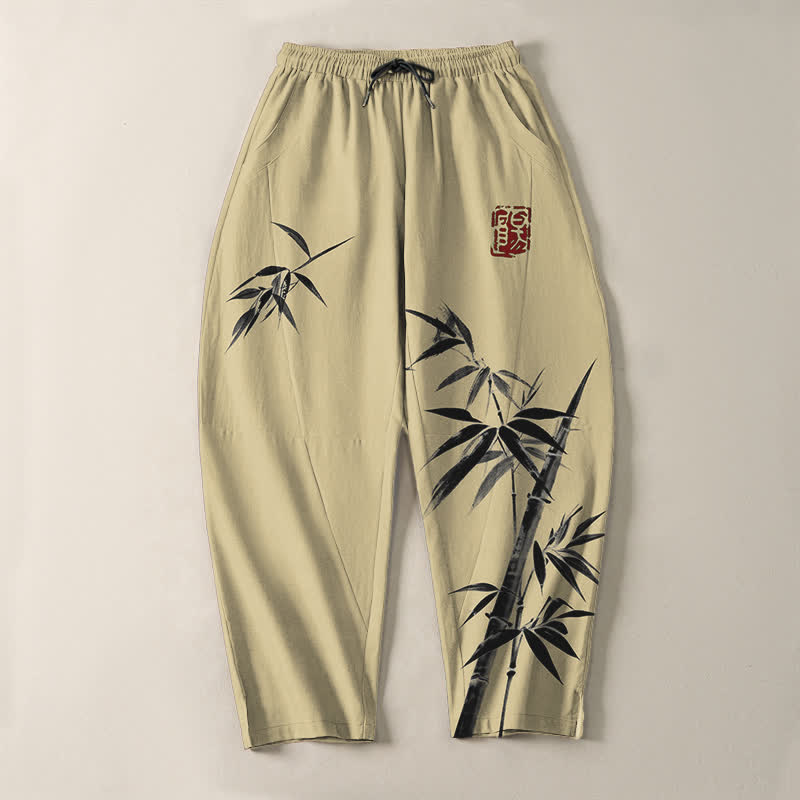Buddha Stones Pantalones de hombre de algodón puro con estampado oriental de bambú, cordón ajustable y corte cónico, con bolsillos. - image 13