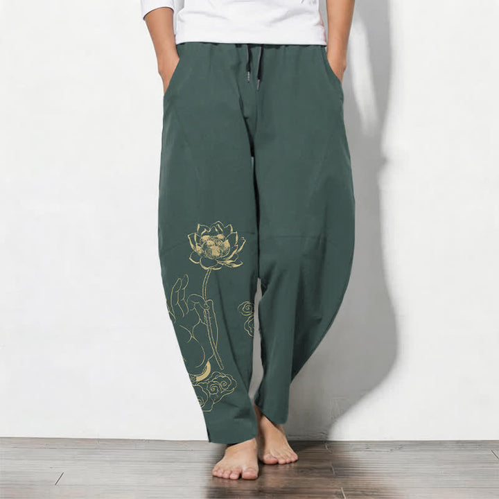 Buddha Stones Pantalones de hombre de algodón puro con estampado de nube de loto dorado, cordón ajustable y corte cónico, con bolsillos. - Verde azulado - US/UK/AU50, EU60 (5XL) - image 0