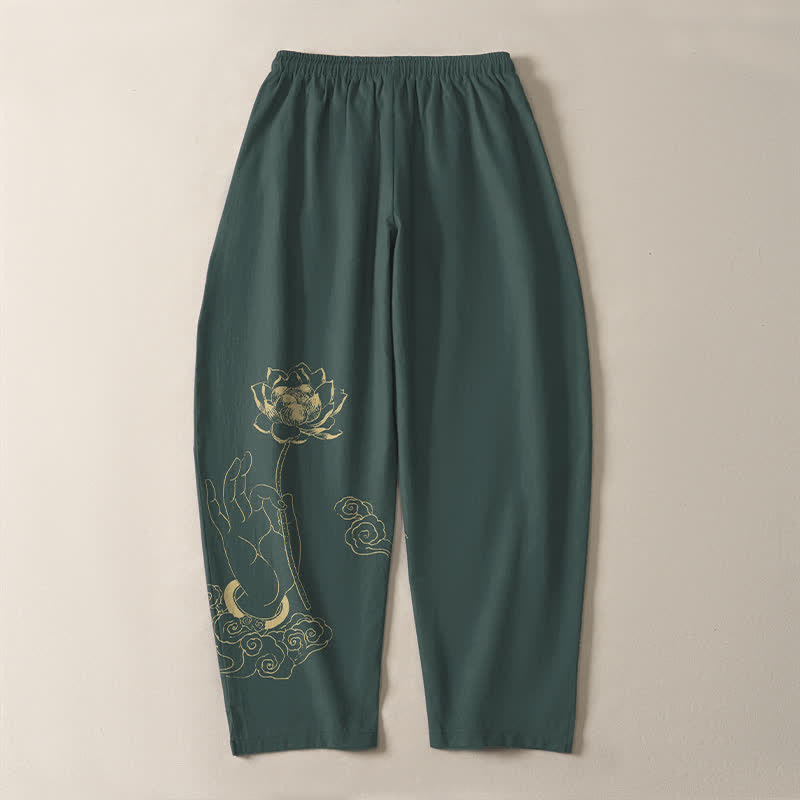 Buddha Stones Pantalones de hombre de algodón puro con estampado de nube de loto dorado, cordón ajustable y corte cónico, con bolsillos. - image 3